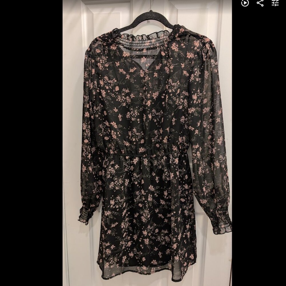 Forever 21 Black Floral Long Sleeve Mesh Mini Dress Sheer Smocked Waist | Size M